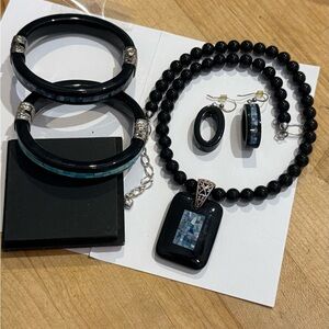 Jay King black Agate Micro Opal necklace bracelet earrings set